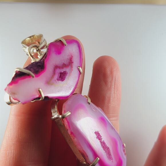 Pink Agate Geode Slice Sterling Silver Pendant 2.5" Eye Pattern Drop - Picture 8 of 10